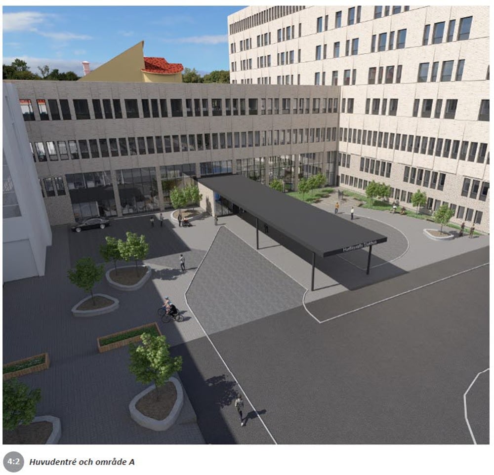 Visualisering av den nya huvudentrén på Hudiksvalls sjukhus, sedd utifrån. Den nya länkbyggnaden mot hus 23 är också synlig i bild. 