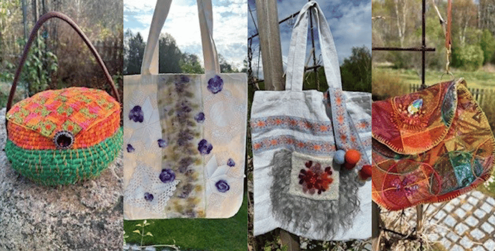 Kollage av fyra bilder som föreställer olika japanska tygpåsar i olika färger.