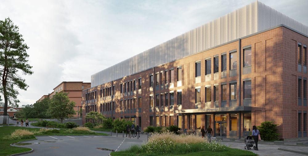 Bilden visar en arkitektillustration av färdiga hus 63 på Gävle sjukhus. Byggnaden kommer att rymma en ny akutmottagning och ett samlat flöde för förlossning, BB och neonatalvård. 