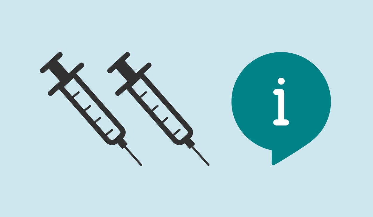 Illustration av två sprutor och en pratbubbla med informations-i.  