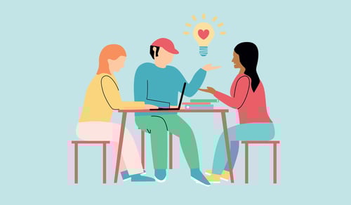 Illustration av tre personer som sitter vid ett bord och samarbetar. En person använder en bärbar dator, medan de andra två deltar i samtalet. Ovanför bordet syns en glödlampa med ett hjärta i mitten, som en symbol för idéer och kreativt samarbete.