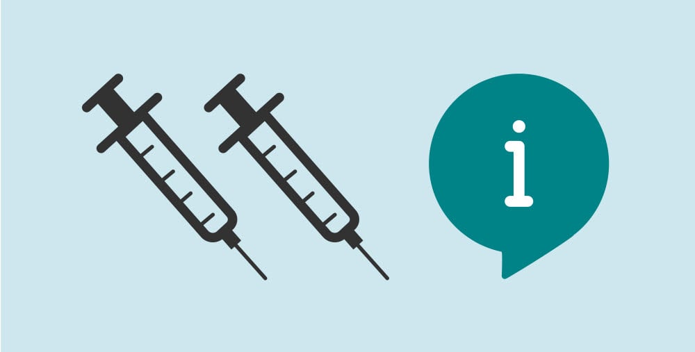 Illustration av två sprutor och en pratbubbla med informations-i.  