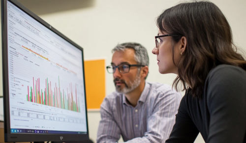 AI-genererad bild
Två personer tittar på en datorskärm som visar ett diagram med staplar och data. Den ena personen skriver på tangentbordet, och båda verkar fokuserade på informationen.