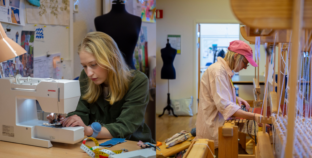 Två bilder ihopsatta till en. Till vänster är en person som sitter och syr vid en symaskin, till höger är en person som sitter och väver vid en vävstol. 