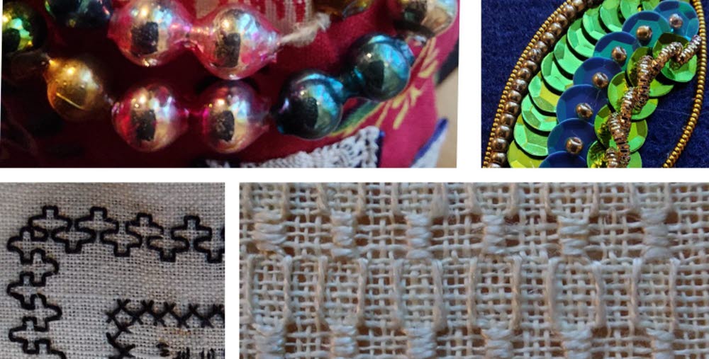Kollage av fem olika broderier