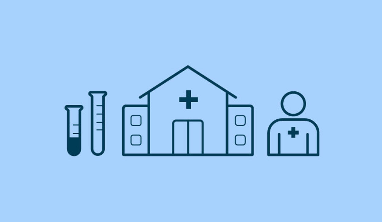 En ikon med ett sjukhus i mitten, omgivet av provrör till vänster och olika typer av piller till höger, på en ljusblå bakgrund.