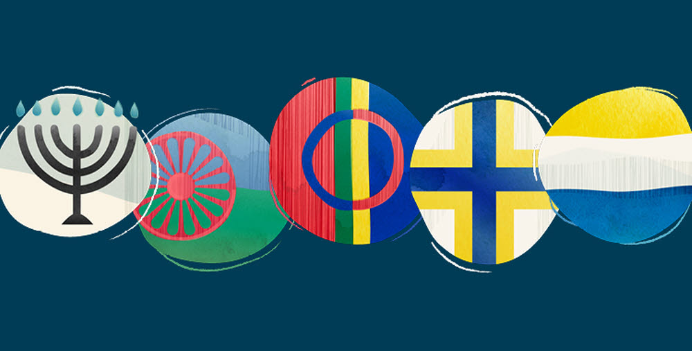Fem illustrationer på nationella minoriteternas flaggor.