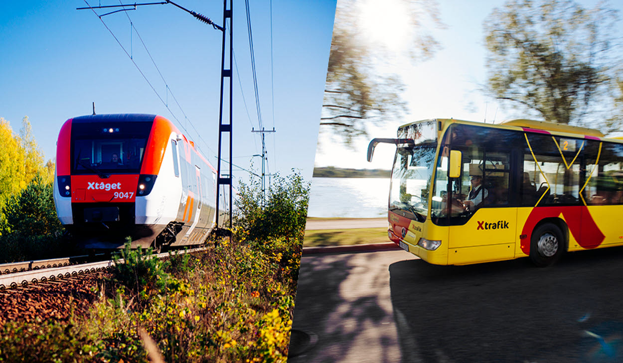 Ett rött och vitt X-tåg med nummer 9047 kör på järnväg till vänster, och en gul och röd X-trafik-buss kör på en väg till höger.