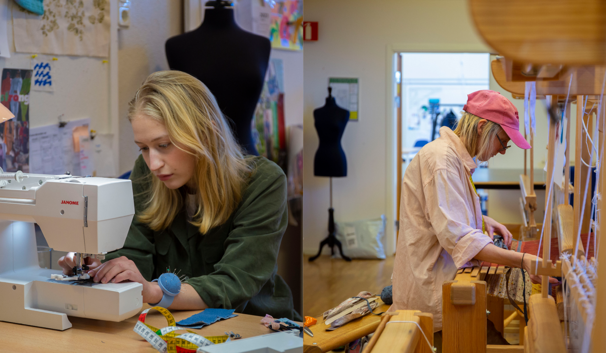 Två bilder ihopsatta till en. Till vänster är en person som sitter och syr vid en symaskin, till höger är en person som sitter och väver vid en vävstol.